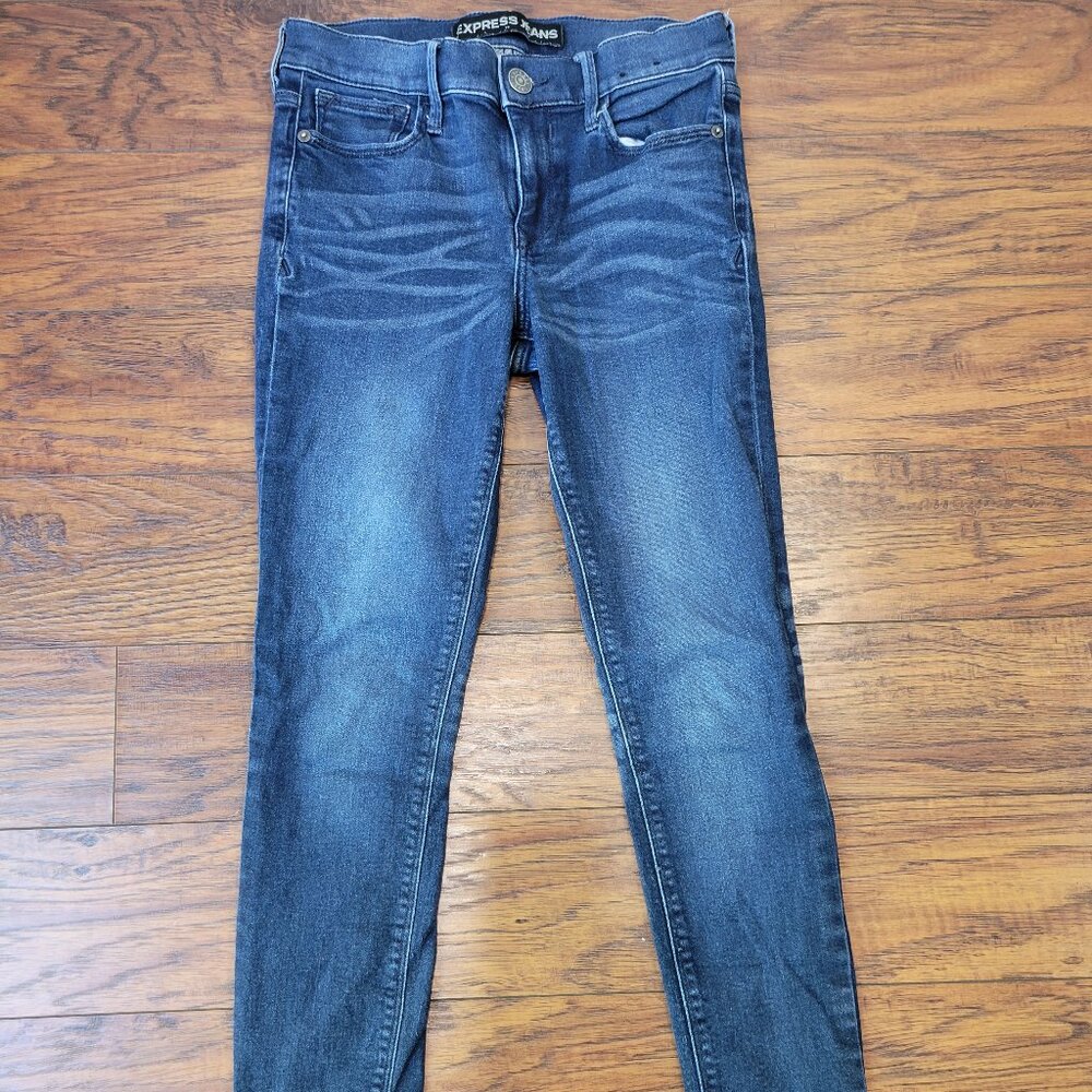EXPRESS Dark Blue Wrinkled Dye Print Mid-Rise Legging Denim Jeans sz 4 EUC